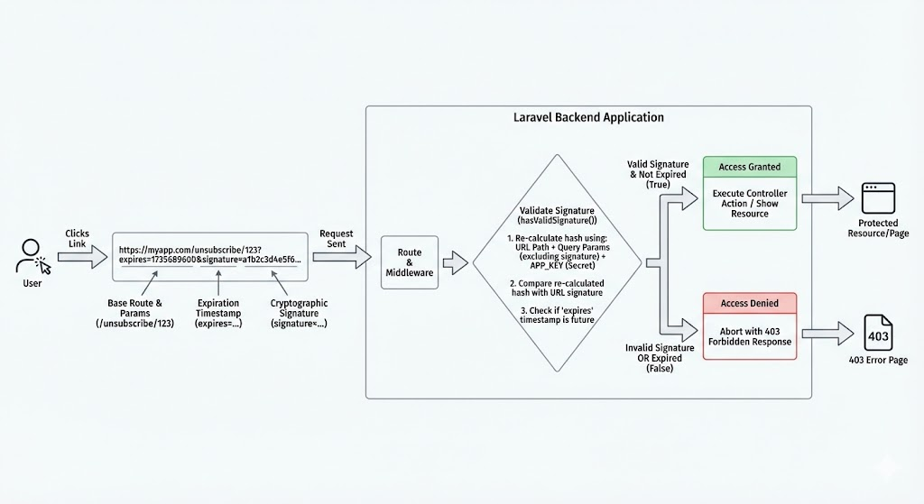 Diagram showing how a signed URL in Laravel works, from user request to signature verification